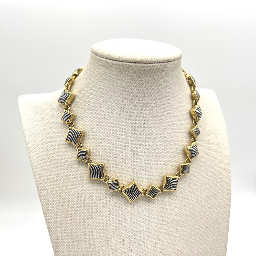 Vintage Two Tone Gold Silver Geometric Wavy Stripe Collar Necklace 16 Inch